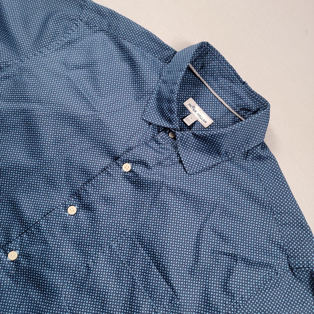 Peter Millar Shirt Mens L Blue Geometric Micro Starburst Cotton Short Sleeve
